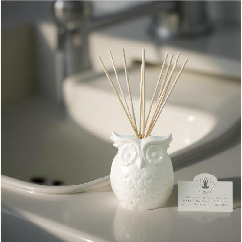 Huile de diffuseur à la vanille Hosley aromathérapie avec bouteille en céramique hibou campagnard et bâtons de roseau - cadeau idéal de 110 ml pour la décoration intérieure, la salle de bain, la chambre, le spa, la méditation, les mariages