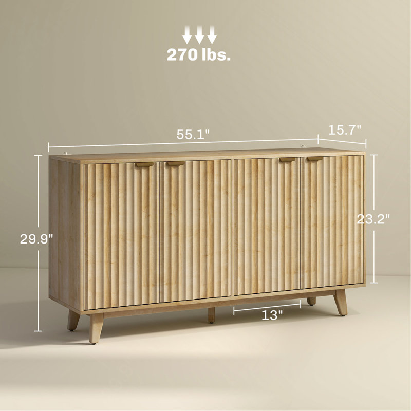 Sideboard Convenient Cabinet, Fluted Buffet, With Doors, Adjustable Shelves, Wood Legs, Brown