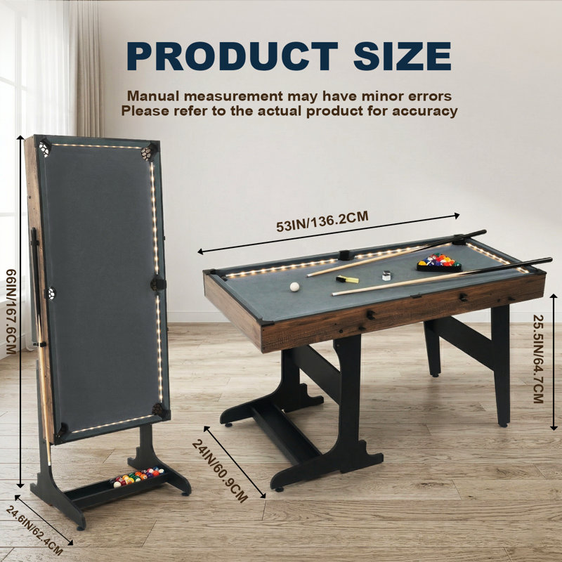 Table de billard pliable de 53 pouces avec lumières à DEL, table de billard à jeu complet, rangement vertical peu encombrant, pieds réglables et rangement intégré pour la salle de jeux