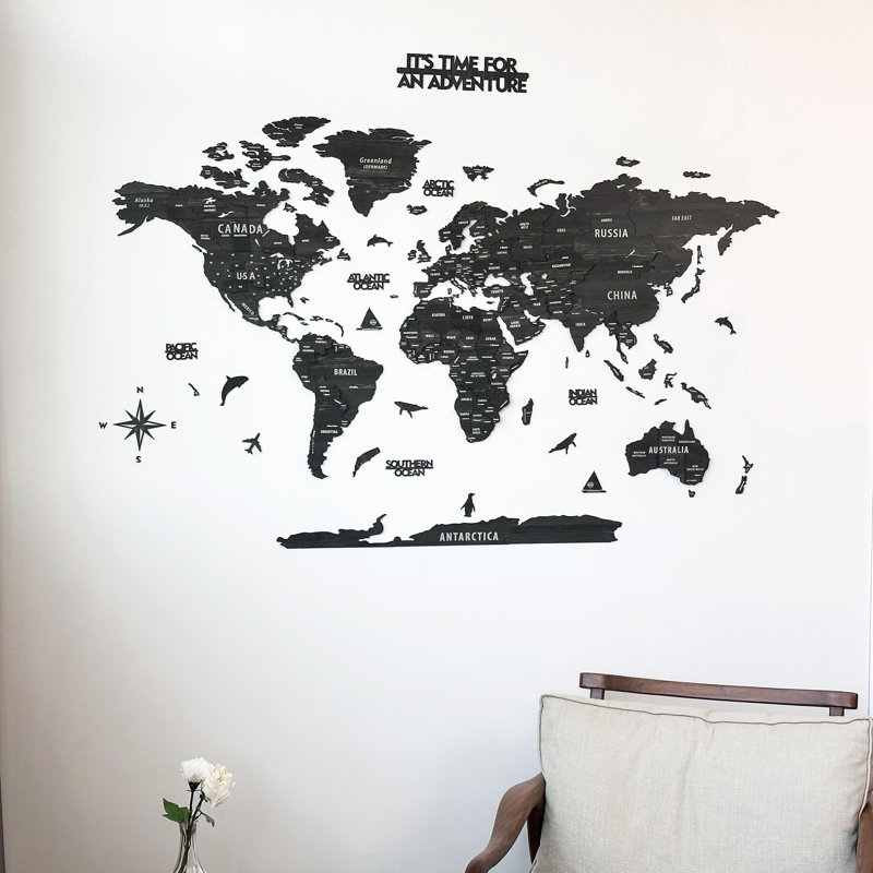 Wooden World Map - Push Pin 3D World Maps - Wooden World Map with States - Wood Wall Art, Tuana, 100cm x 54cm