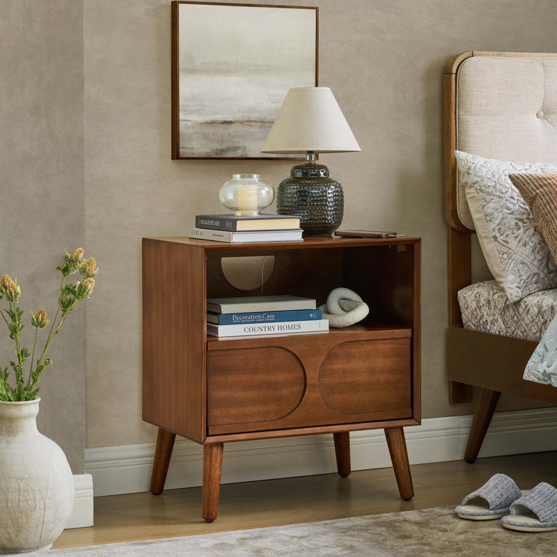 Mid-Century Modern Fluted Nightstand With Charging Station USB Ports & Outlet Hole & 4 Solid Wood Legs