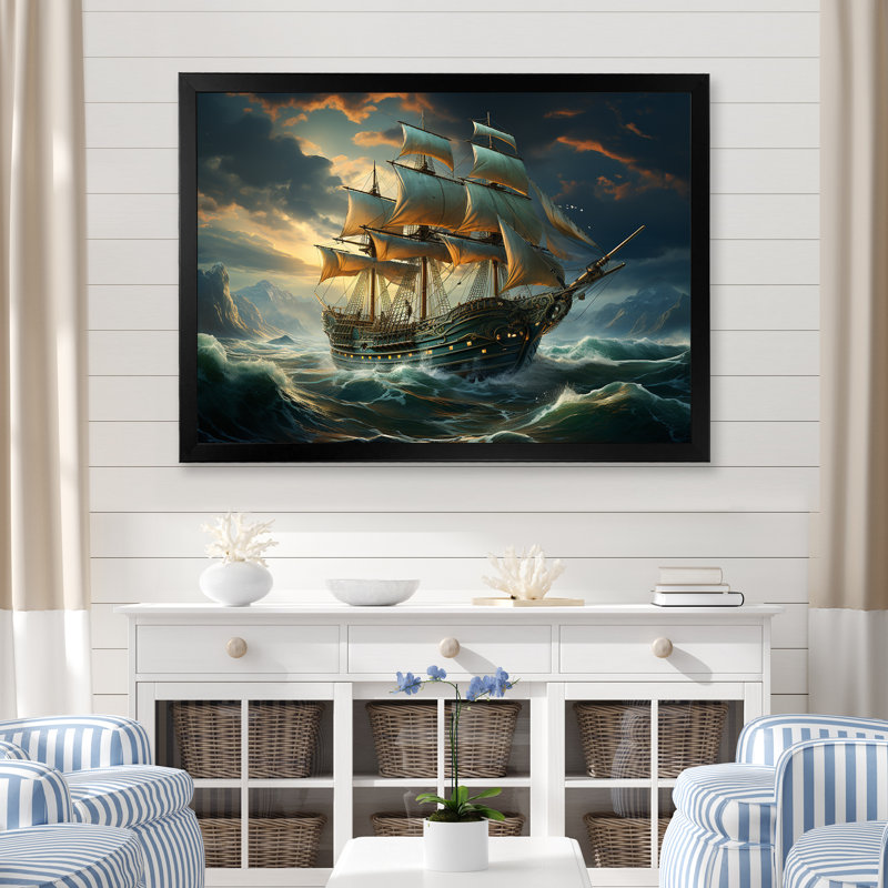 «Pirate Ship Legacy I», art mural pirate, Cadre d'angle fermé noir, H 24 po x l 32 po x P 1 po