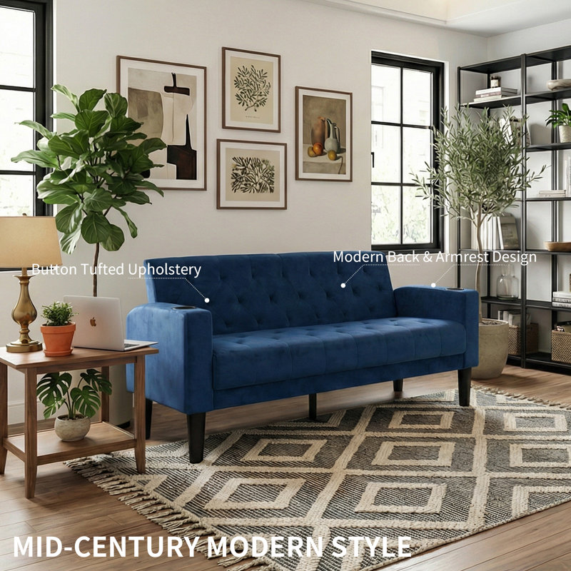 Sofa Seats Modern Style Comfy Small Sofa with Pocket Storage 2 USB 2 Cup Holders Upholstered Couch for Living Room Bedroom Office