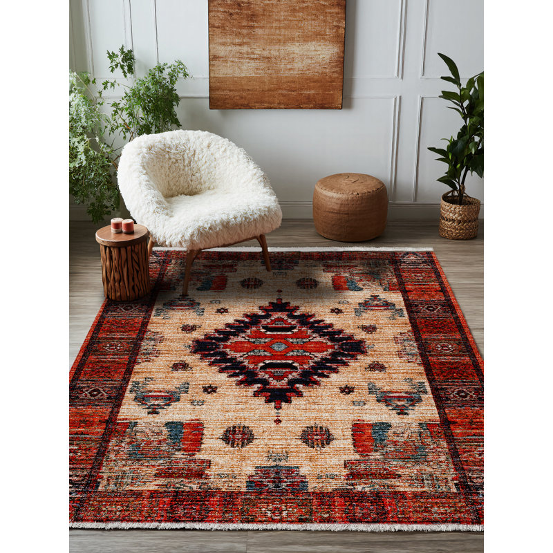 Strawbridge Burgundy Beige Moroccan Machine Printed Cotton Polyester Area Rug, Runner 3'4" x 9'11"