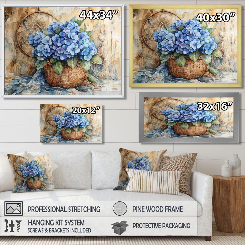 «Boho Blue Hydrangea Bliss II», art mural hortensia, Impression d'un seul cadre photo, Argent argent, H 34 po x l 44 po