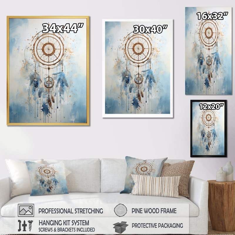 «Tranquility White and Blue Dreamcatcher I», reproduction sur toile, Cadre flottant doré, H 44 po x l 34 po x P 1,5 po