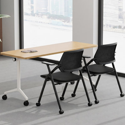 Niaja 3 Pcs Training Room Table Set 1 Flip-Top Table in Natural Oak & 2 Training Chairs BIFMA-Certified