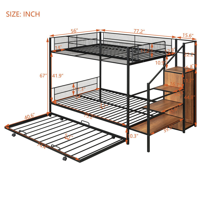 Lit superposé simple au-dessus d'un lit double en métal avec lit gigogne, échelle de rangement latérale et garde-robe, Noir