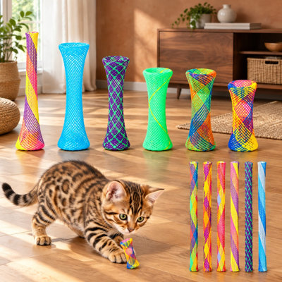 Ensemble de 60 pièces pour chat, comprenant des ressorts et des tubes en filet de couleurs aléatoires, ainsi que des jouets de type piège à doigts chinois et des spirales en plastique pour la chasse et le griffage des chats d'intérieur.