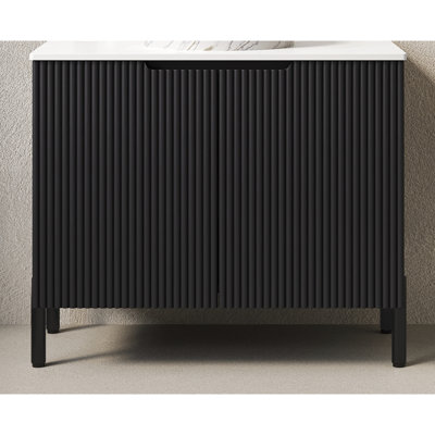 Armoire autoportante sans lavabo 30 po TURIO, avec comptoir en pierre frittée blanc Carrara et 2 portes, noir
