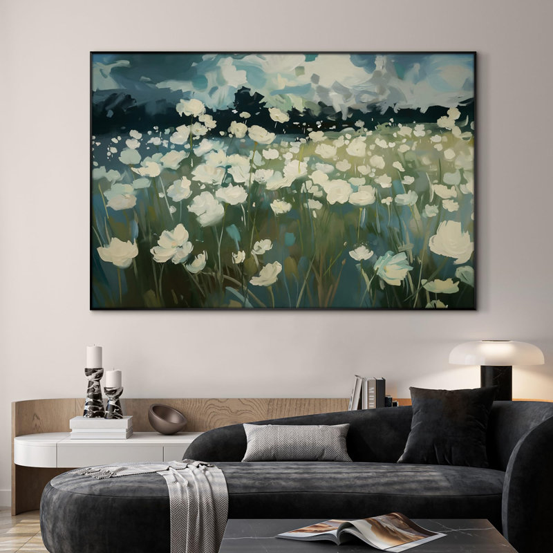 Très grande reproduction d'art sur toile - Champ de fleurs sauvages blanches dans un style impressionniste, décor de paysage floral doux pour le salon ou la chambre à coucher - «Assemblage requis du cadre (cadre non fini)»