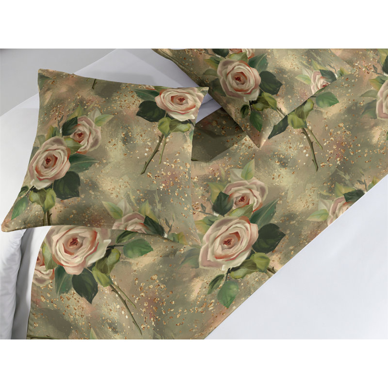 Ensemble de chemin de lit Ambesonne Roses, art floral rétro, kaki, rosé et vert, Grand
