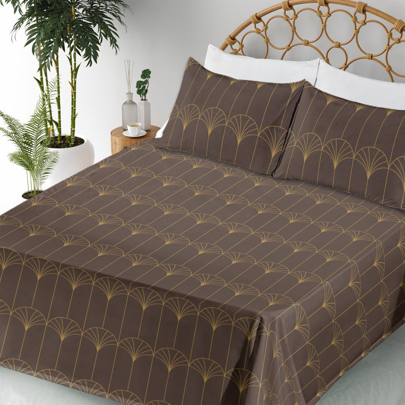 Microfiber Sheet Set, Full Sheet Set with 2 Pillowcases, Dark Brown Geometric