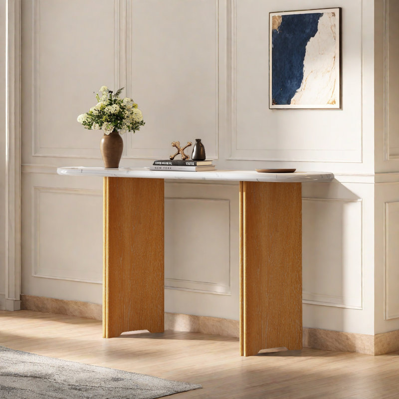 Console étroite, table de hall d'entrée avec plateau ovale en faux marbre, table de canapé rustique avec pieds incurvés, table d'appoint de couloir pour l'entrée et le salon
