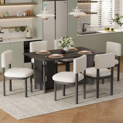 Table de salle à manger en bois pour 6 personnes avec 6 chaises rembourrées Farmhouse