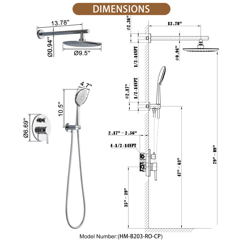 Système de douche Rainfall avec douche à main à 5 réglages et valve brute, Chrome