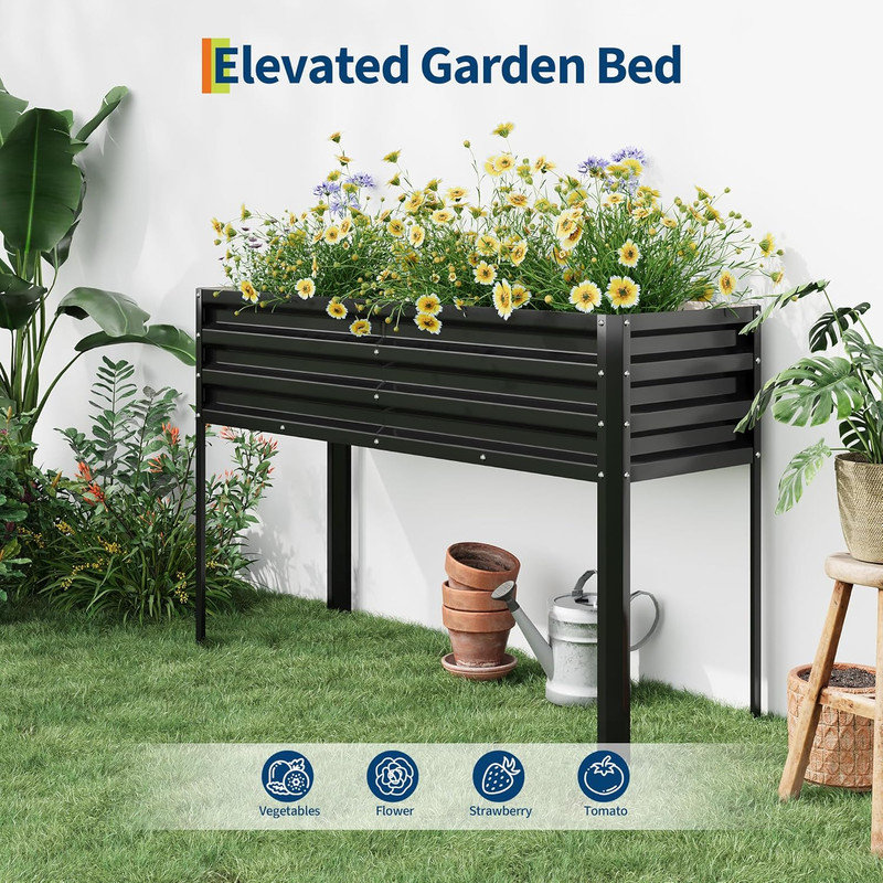 50x17 Inch Elevated Galvanized Raised Garden Bed with Legs, Metal Planter Box for Patio, Black