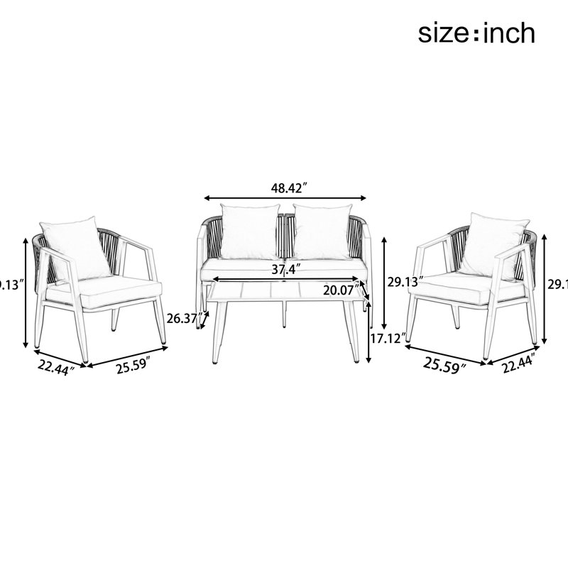 Ensemble de sièges d'extérieur en fer - 2 chaises simples, 1 chaise double et une table idéales pour le plaisir avec des coussins, des chaises simples et un salon doux inclus