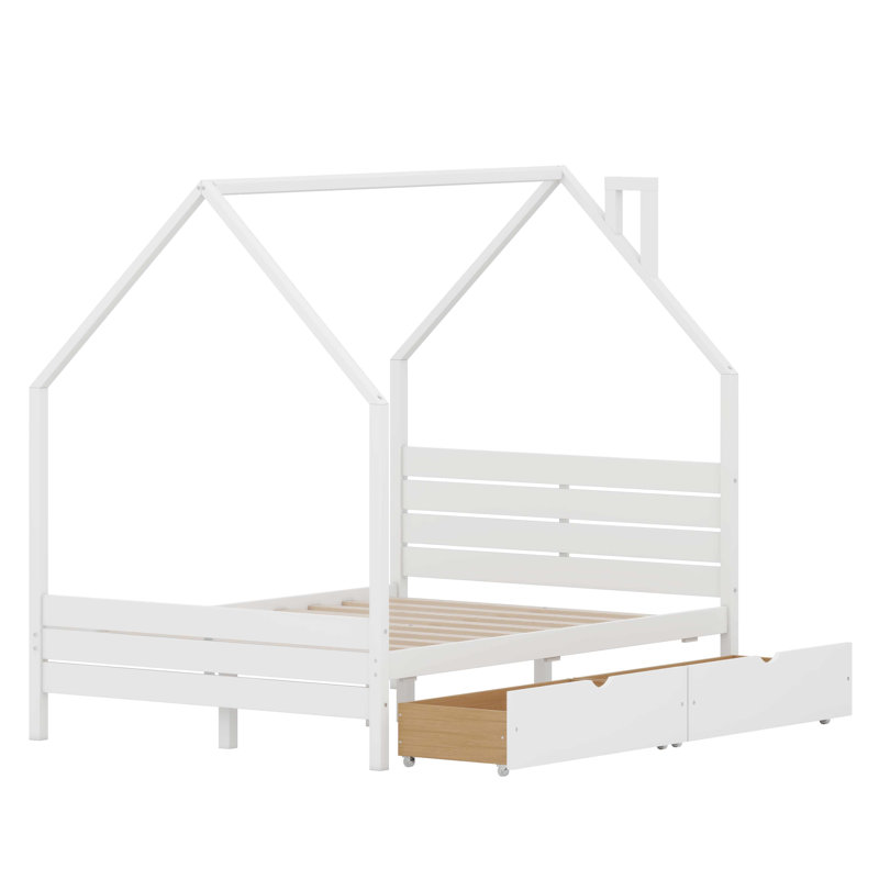 Structure de lit Montessori House pour enfants avec tiroirs de rangement et tête de lit, assemblage facile, White, Full