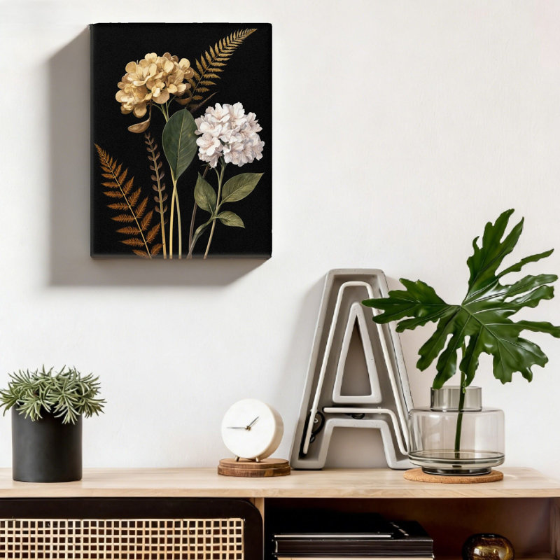 Décoration de salle de bain Botanical Gold White Hydrangea Fern Art