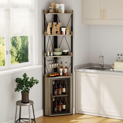 70" Tall Industrial Corner Bar Cabinet with 5-Tier Wine Rack, Freestanding Liquor Storage Sideboard, Glass Holder, Adjustable Shelves, Mesh Door, Space-Saving Display for Dining Room, Home Bar – Grey