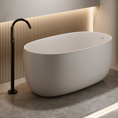 47-Inch Beige Freestanding Bathtub Of Resin Stone Solid Surface, With Overflow And Pop-Up Drain, Smooth Rounded Edges 47'' Soaking Bathtub, Slow Heat Dissipation, Easy To Clean