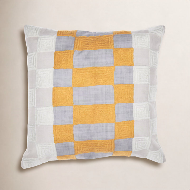 Housse de coussin moderne à carreaux brodés carrés, Jaune / bleu sarcelle / ivoire, Polyester/ bourre en polyester