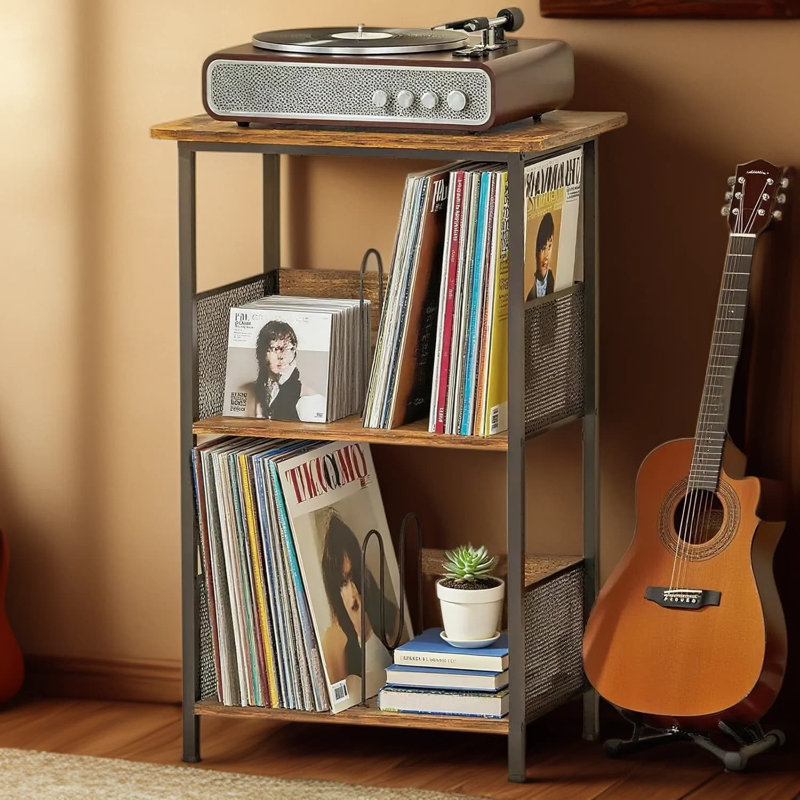 Record Player Stand With Vinyl Storage, 3-Tier Turntable Stand With 2 Dividers & Adjustable Feet, Holds Up To 200 Albums, Mid-Century Modern Design For Living Room