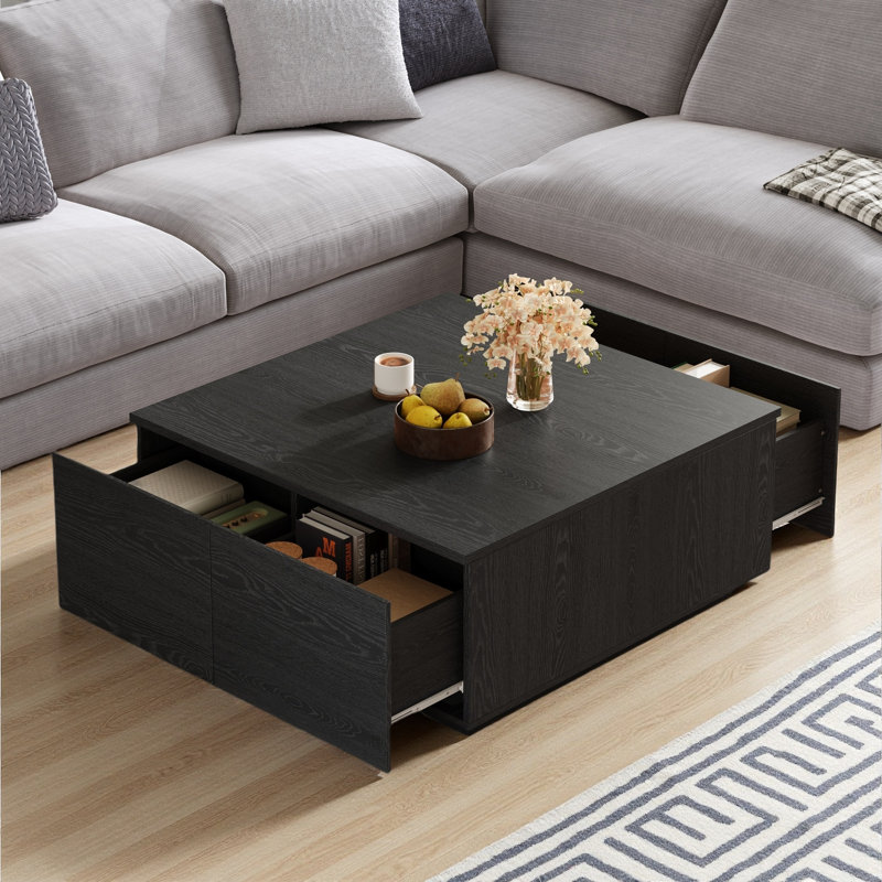 Table basse carrée 33,25 po à 4 tiroirs, Noir