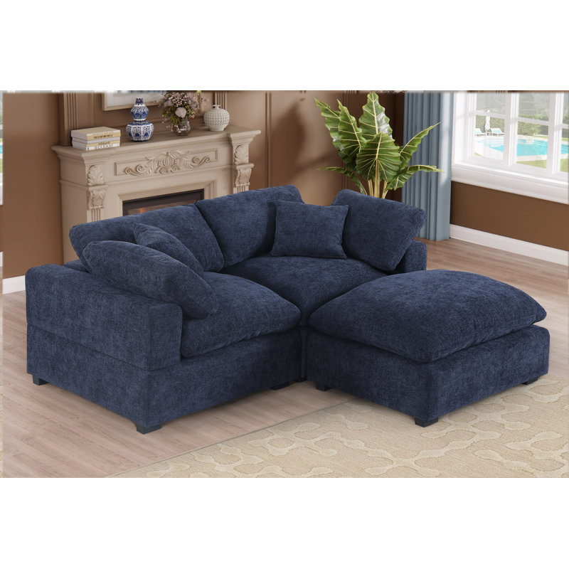 Canapé rembourré 3 pièces 79,6 "avec repose-pieds Caylob, Chenille bleue marine