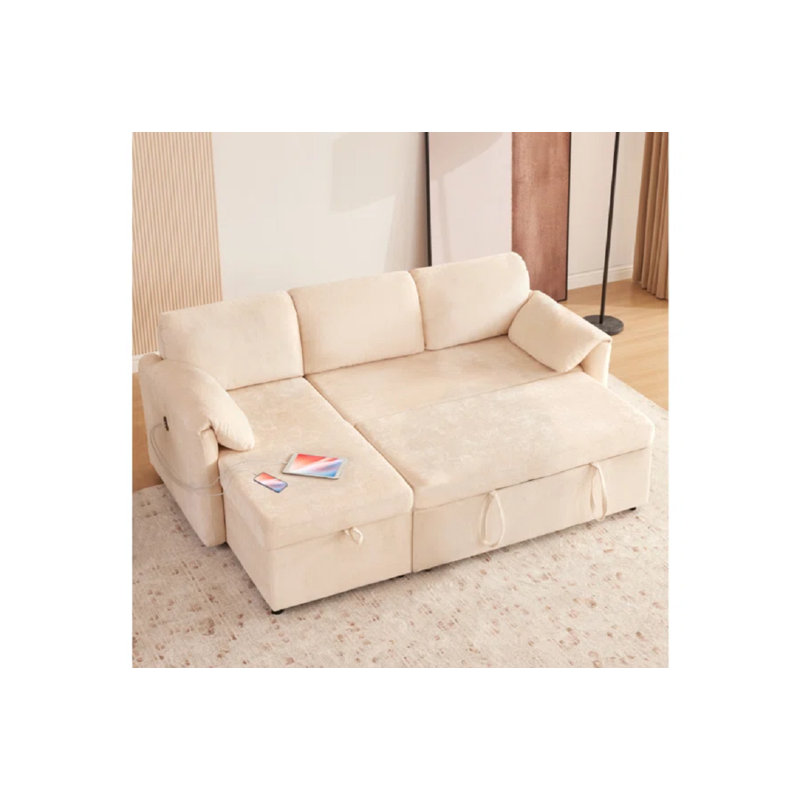 83''W Chenille Convertible L Shape Sectional Sleeper Sofa With USB And Storage, 33.1" H x 83.3" W x 55.1" D, Cream Chenille
