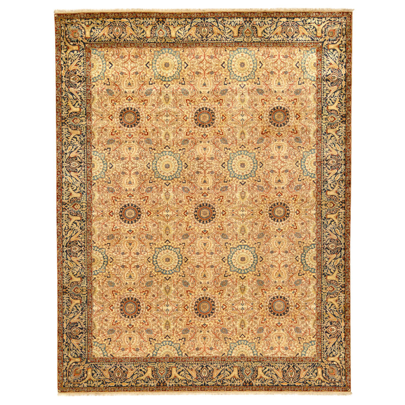 Tapis crème et bleu noué à la main de haute qualité