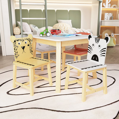Ensemble de table et de chaises pour enfants 5 pièces, table en bois pour enfants avec 4 chaises, animaux de dessin animé (plus grande table)