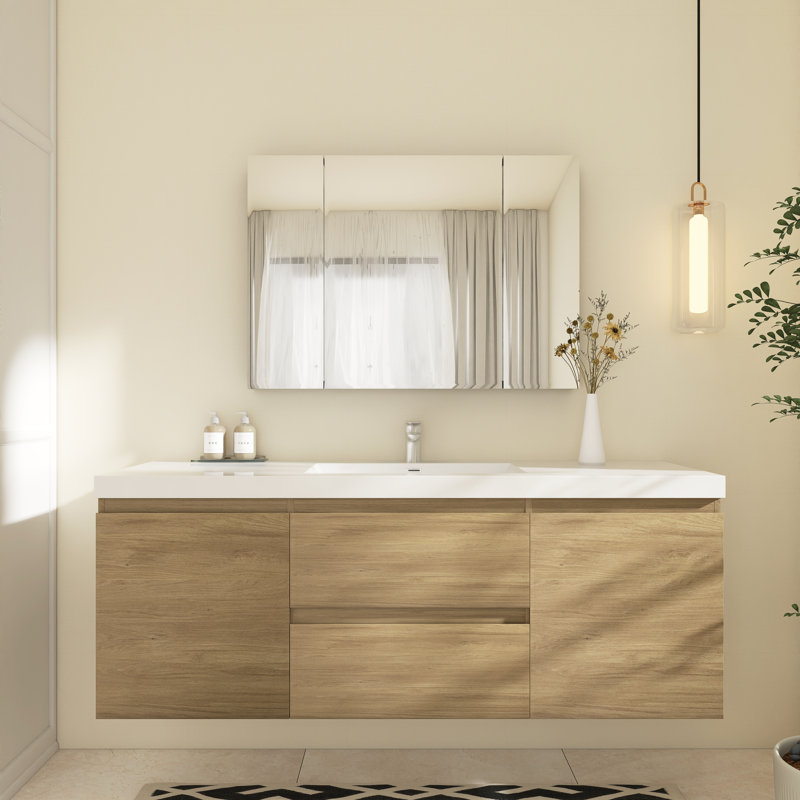 Oxce 60'' Single Bathroom Vanity with Resin Top, Natural Oak