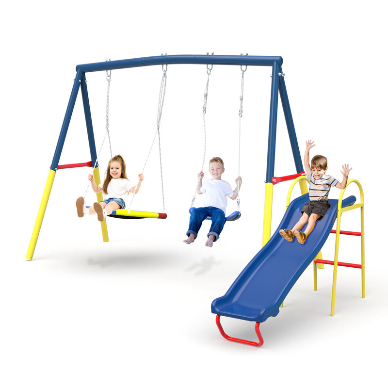 Balançoire 3 en 1, extérieur robuste avec glissoire, acier bleu