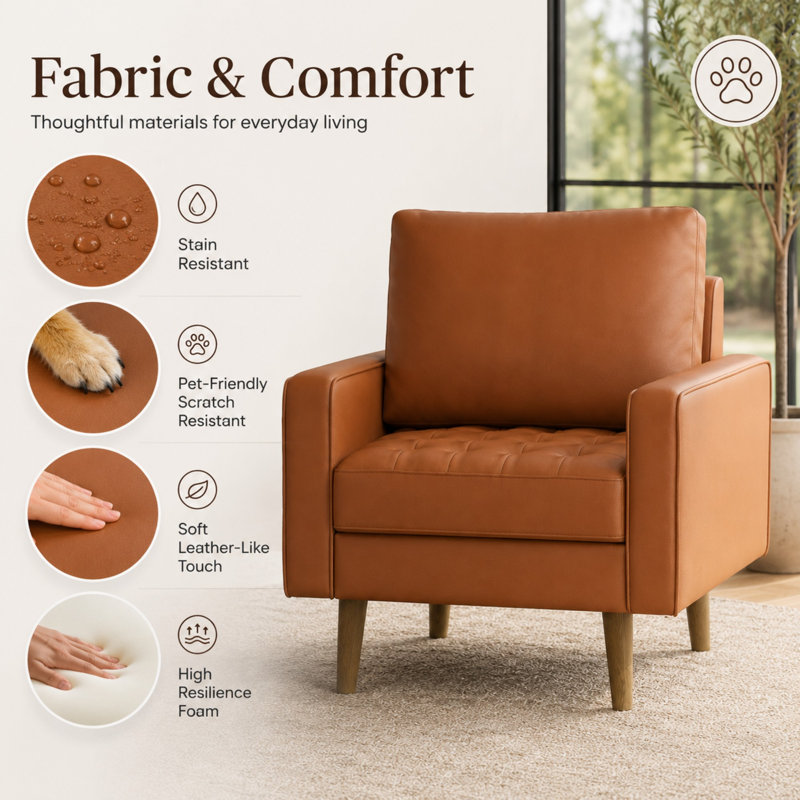 Statura 32" Mid-Century Square Arm Accent Chair, Sofa Chair, Brown, Brown