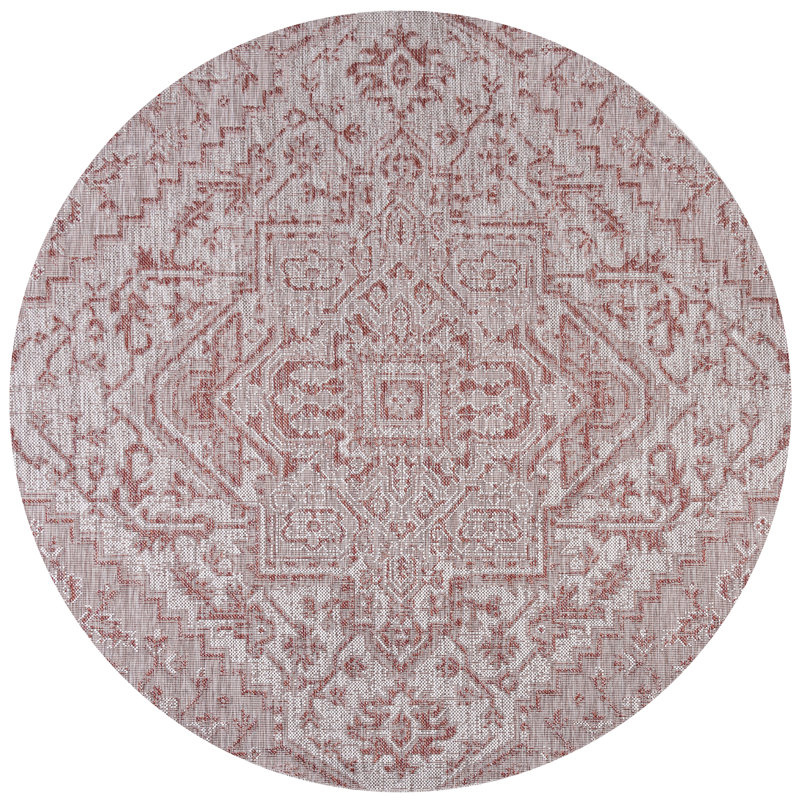 Truman Bohemian Medallion Textured Weave Red/Taupe Indoor/Outdoor Rug, Round 5'3"