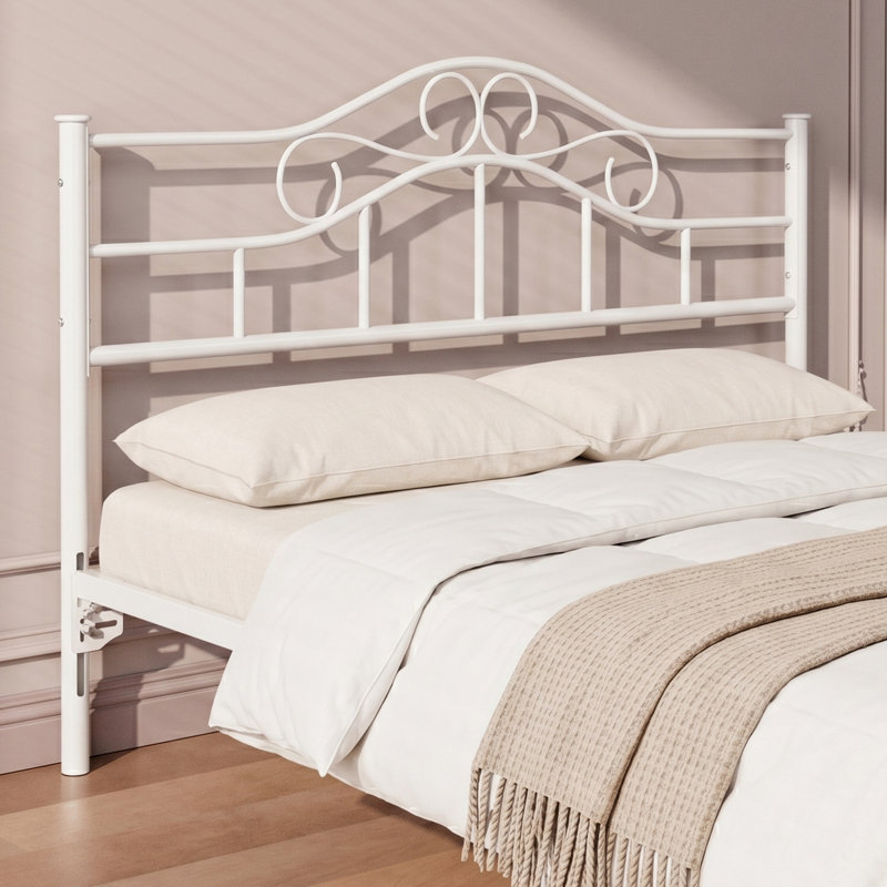 Metal Full Size Headboard, Farmhouse Scrollwork Design, Adjustable Height, Steel Curved Full Headboard Only For Bedroom, Attach Frame, Easy Assembly, White