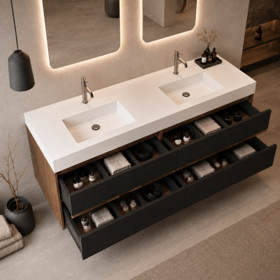 Meuble-lavabo flottant mural 72 po avec lavabo à surface solide d'ingénierie moderne 72 po, tiroirs de rangement double couche, lavabo une pièce