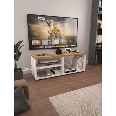Meuble télé élégant, blanc et blanc, 45,3 po x 20,9 po x 14,2 po | 100% panneau de particules enduit de mélamine, épaisseur: 0,7 pouce | Pieds en plastique durable, idéal pour le salon et les espaces de divertissement, conception moderne