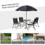 Ensemble de salle à manger de patio 6 pièces pour 4 personnes avec parasol, table d'extérieur et 4 chaises pliantes et table ronde en verre Outsunny pour le jardin, la cour et la piscine, noir