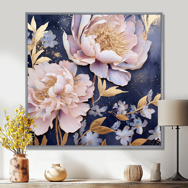 Pivoines roses sur fond bleu - pivoines, impression d'art mural_105699, H 16 po x l 16 po x P 1 po, Encadrement argenté