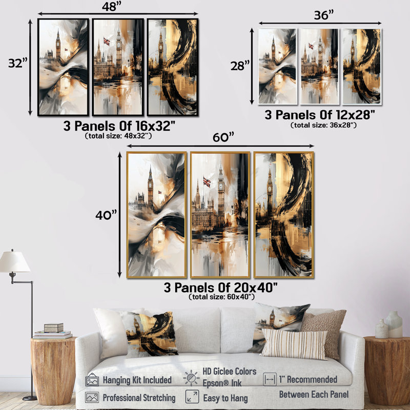 Big Ben Glow In England I - Collection d'art mural Angleterre, H 40 po x l 60 po, Impression encadrée flottante, Or