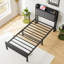 Lit simple avec cadre insonorisé, tête de lit avec charge de rangement - très stable, s'adapte à tous les matelas avec cadre noir et tête de lit respirante