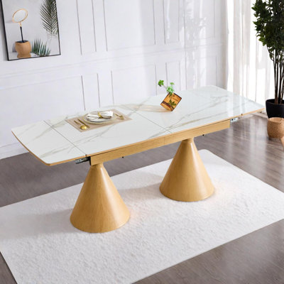 Table de salle à manger extensible à dessus en pierre avec surface à motif de marbre et base à double piédestal pour 4 à 8 personnes