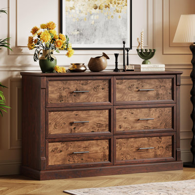6 Drawer Dresser for Bedroom, Farmhouse Large Double Chest of Drawers with Metal Handles, Rustic Wooden Dresser
