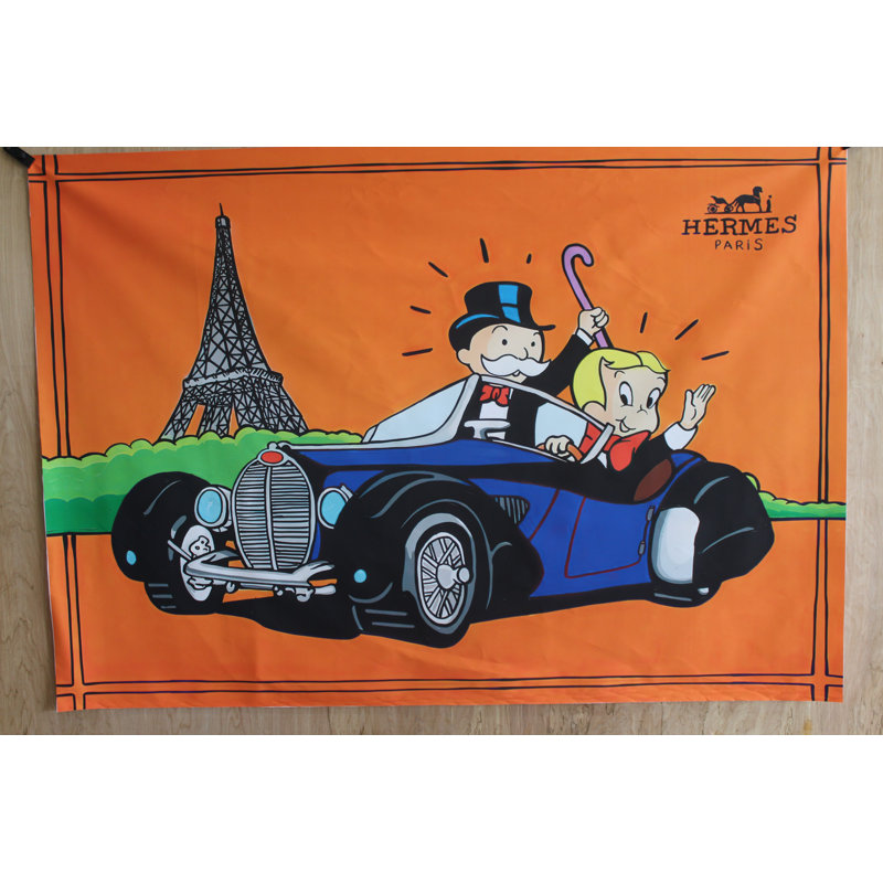 Nifao Collection Monopoly Man and Richie Rich Driving in Paris Unframed Canvas Painting 52 x 74