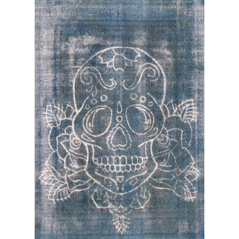 Tapis bleu foncé en laine noué à la main de conception unique 8 pi 1 po x 11 pi 3 po New Age
