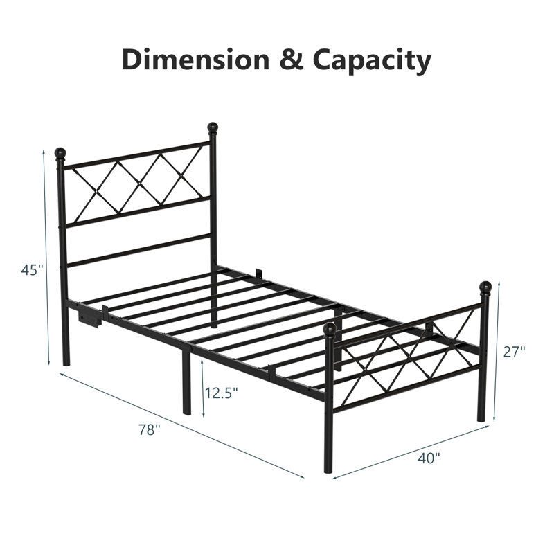 Twin Size Black Metal Platform Bed Frame With RGB LED Lights,Charging Station,Heavy Duty,Remote And App Control,Under Bed Storage