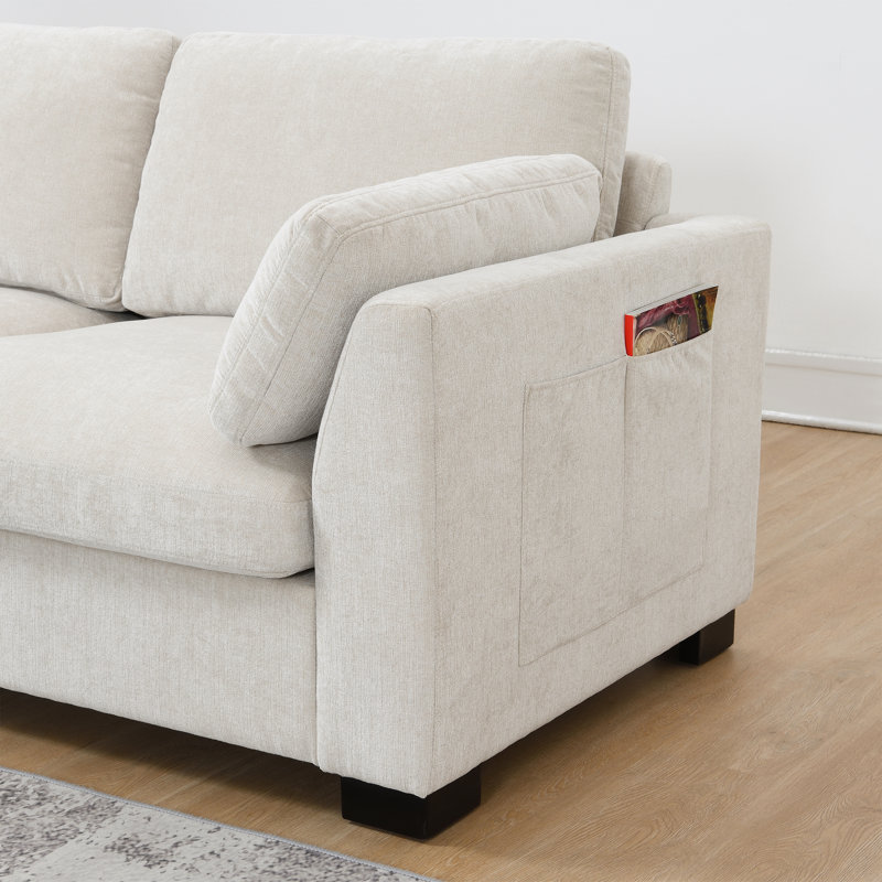 [VIDÉO] Canapé modulaire modulaire de 130 po, en forme de L avec table pliante et double port de charge, poches de rangement latérales, 2 coussins d'accoudoirs, repose-pieds à mouvement libre, mousse haute densité, chenille, 5 sièges, 2 couleurs